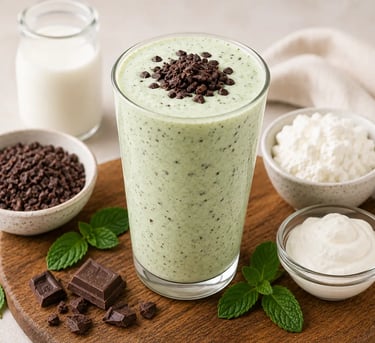 Refreshing mint chocolate chip protein smoothie with milk, cottage cheese, and mint leaves on a wooden board.