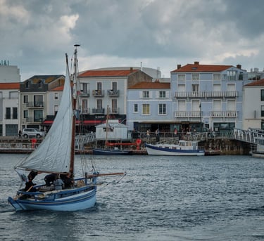 a sailboat in the water near a city