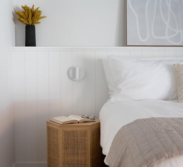 a bedroom with a bed and a lamp