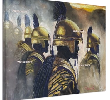 a painting of a group of soldiers with helmets and helmets