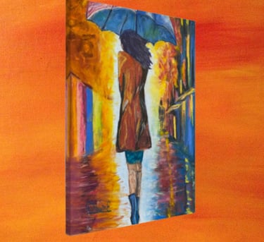 a painting of a woman walking down a street