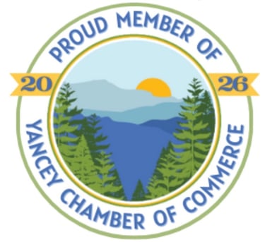 Yancey Chamber of Commerce 2026 Proud Member badge with Blue Ridge Mountain sunrise illustration