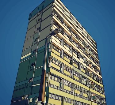 Illustration of a green London tower block. Click to buy on Red Bubble.