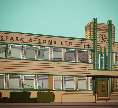 Illustration of Sparks Bakery building, Stockton, Teesside. Click to buy on Red Bubble.
