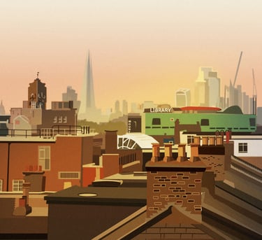 Rooftops illustration of Peckham. Click to buy on Red Bubble.