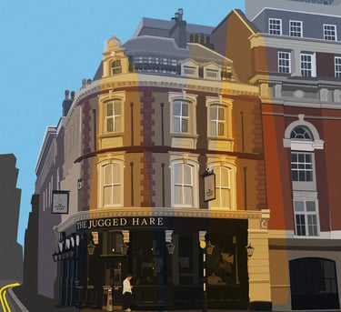 Illustration of the Jugged Hare pub in London. Click to buy on Red Bubble.