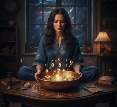 a woman sitting in a meditation position with a bowl of gold coins