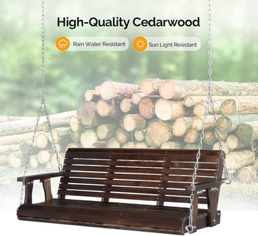 Durable dark brown cedar wood porch swing with metal chains, weather resistant for outdoor garden use.