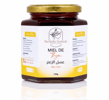 A 150g jar of Bienfaits Sunnah pure thyme honey (Miel de Thym) with a gold lid.