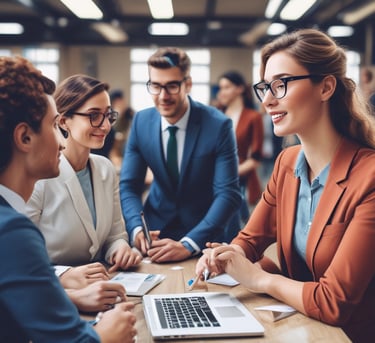 A metallic robotic hand and a human hand point towards each other at the center. Between them, there is a stylized, crystal-like representation of the letters 'AI'. The background is a gradient of orange shades.