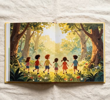 Open children's picture book spread photographed flat on a cream linen surface, soft diffused north-facing daylight, warm luminous illustration visible across both pages — tight overhead frame, no hands, book centered with gentle shadow on one edge