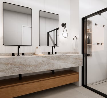 banheiro com duas pias com cores claras de um projeto de interiores