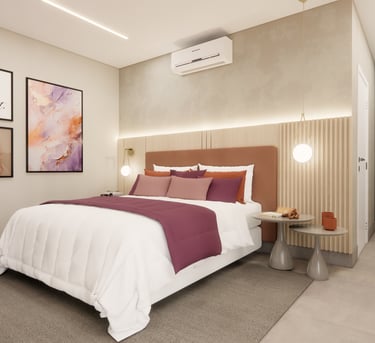 Quarto de casal decorado com elegância por meio de um projeto de design de interiores