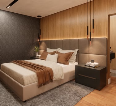 dormitorio casal com painel de madeira de uma consultoria de interiores