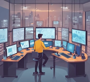 een man in een geel geel shirt achter een bureau met meerdere monitoren
