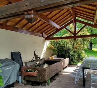 Coin repas extérieur et 2 bassins avec eau de source