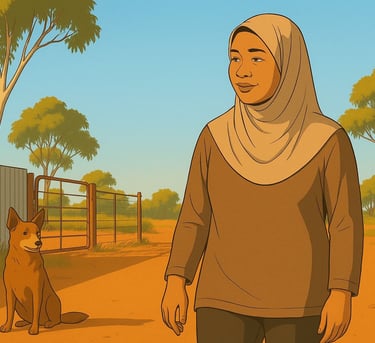 Malay woman walking calmly near Robinvale farm gate, gum trees and dog nearby, bright blue sky and warm morning light.