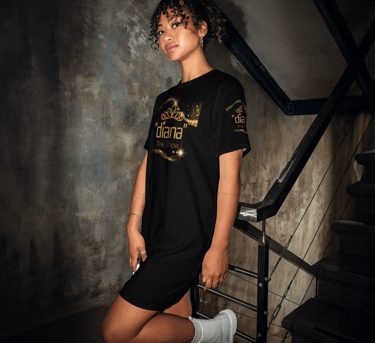 a woman in a black dress with "diana - The Show" Gold Logo