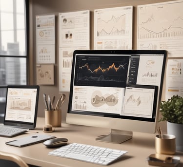 Person working on digital marketing strategy with charts visible.