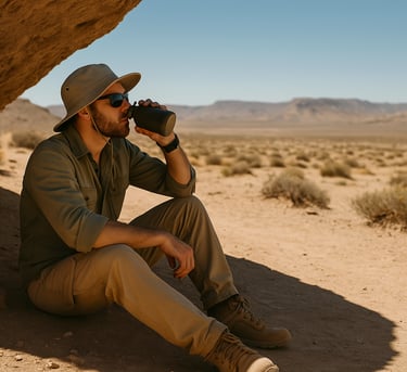Man drinking water in desert shade for survival hydration and sun protection strategies