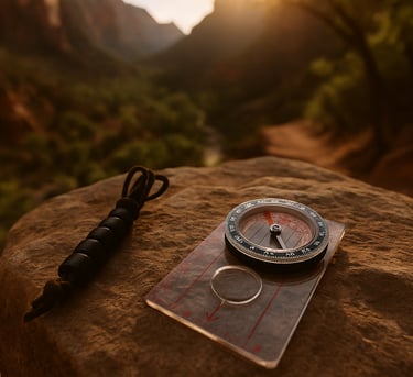 Compass, map, and whistle on rock at golden hour in desert canyon, representing essential survival tools