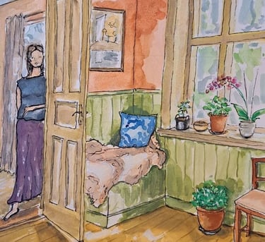 Woman standing in a softly lit room, viewed from the doorway, with sunlight streaming through a wind