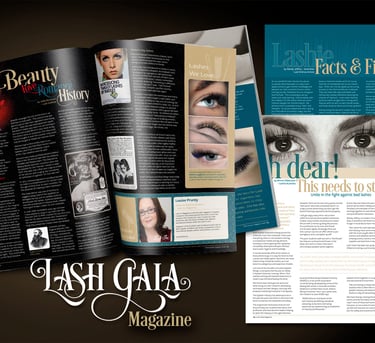 Lash Gala Magazine layout with sample pages and cover design