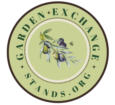 Garden Exchange Stands.org logo featuring an olive branch with fruit and a bee, encircled by the organization's name.