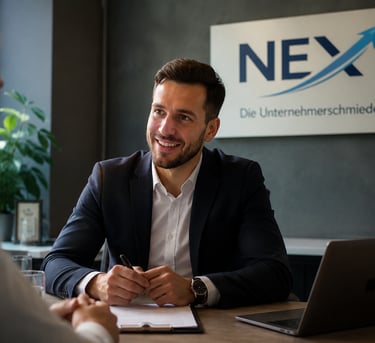 Persönliches Beratungsgespräch bei NEX – Unternehmer bespricht Karriere- und Entwicklungsmöglichkeiten im Finanzbereich.