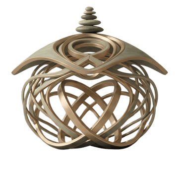 Abstract 3D sculpture with intricate metallic knots and a zen rock cairn on top.