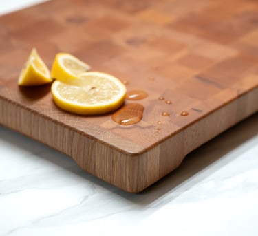 Close-up of a wooden chopping board corner with fresh lemon and water droplets