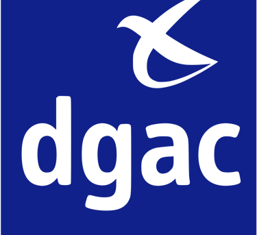 Official DGAC logo featuring black lowercase letters and a stylized bird icon on a solid blue background.
