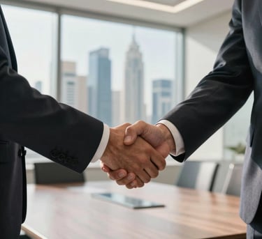 A close-up of two business professionals in tailored suits shaking hands in a sun-drenched, modern Middle Eastern / Gulf boardroom with a view of a clean, futuristic city skyline.