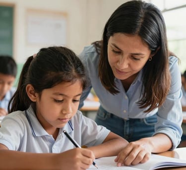 A close-up of a teacher helping a child with schoolwork in a bright South American classroom, soft natural lighting, emotional and supportive atmosphere, professional photography.