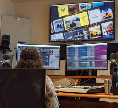 Federica mixing a trailer in Ubisoft Audio room