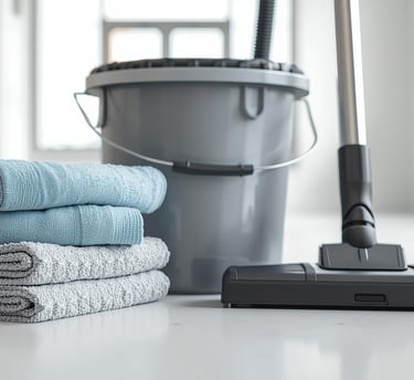 Matériel de nettoyage professionnel organisé pour nettoyage après travaux au Luxembourg.