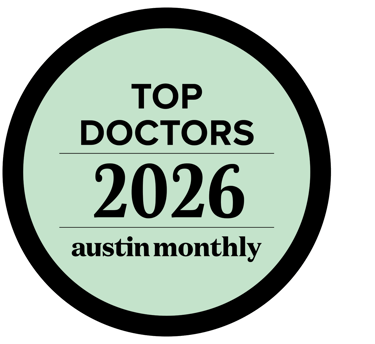 Austin Monthly Top Doctors 2026 award badge in a green and black circle.