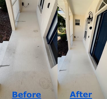 Before and after front porch soft wash cleaning