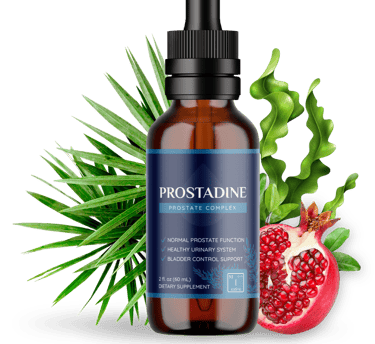 Prostadine prostate complex liquid supplement bottle with saw palmetto and pomegranate.