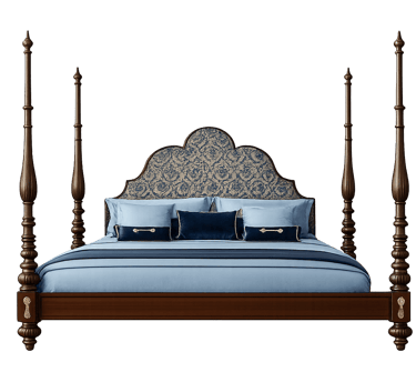 Elegant mahogany four poster bed with ornate carved posts and blue patterned damask headboard.