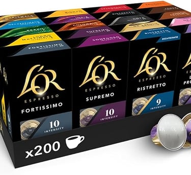 L'OR Espresso aluminum coffee capsules 200 count variety pack for Nespresso machines.