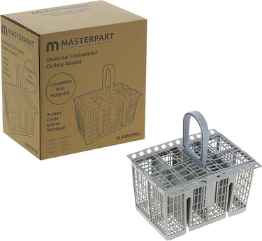 Universal grey dishwasher cutlery basket next to its Masterpart retail packaging box.