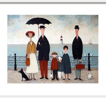 Lowry style British seaside print  Quirky figurative family portrait art  Nostalgic English coastlin