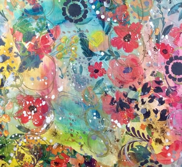 Mixed media piece with layered paint, napkin textures, and stenciled details, creating vibrant art
