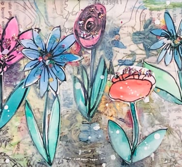 Hand-cut painted florals layered over textured mixed media paper—each petal placed atop soft washes,
