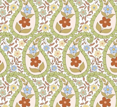 Bohemian pattern with stylized paisley and small floral elements in a light, soft palette. 