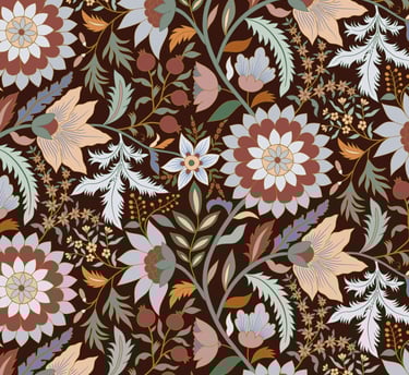 Ornate botanical tapestry pattern with stylized flowers, leaves, and berries.