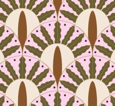 Cordinate pattern pink scallop shape filled with dark green wavy leaves