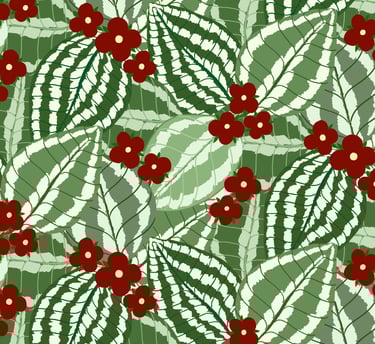 Cordinate pattern green calathea leaves with red small flowers