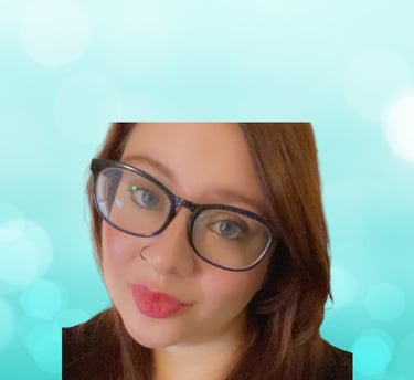 a woman with glasses and a blue background
